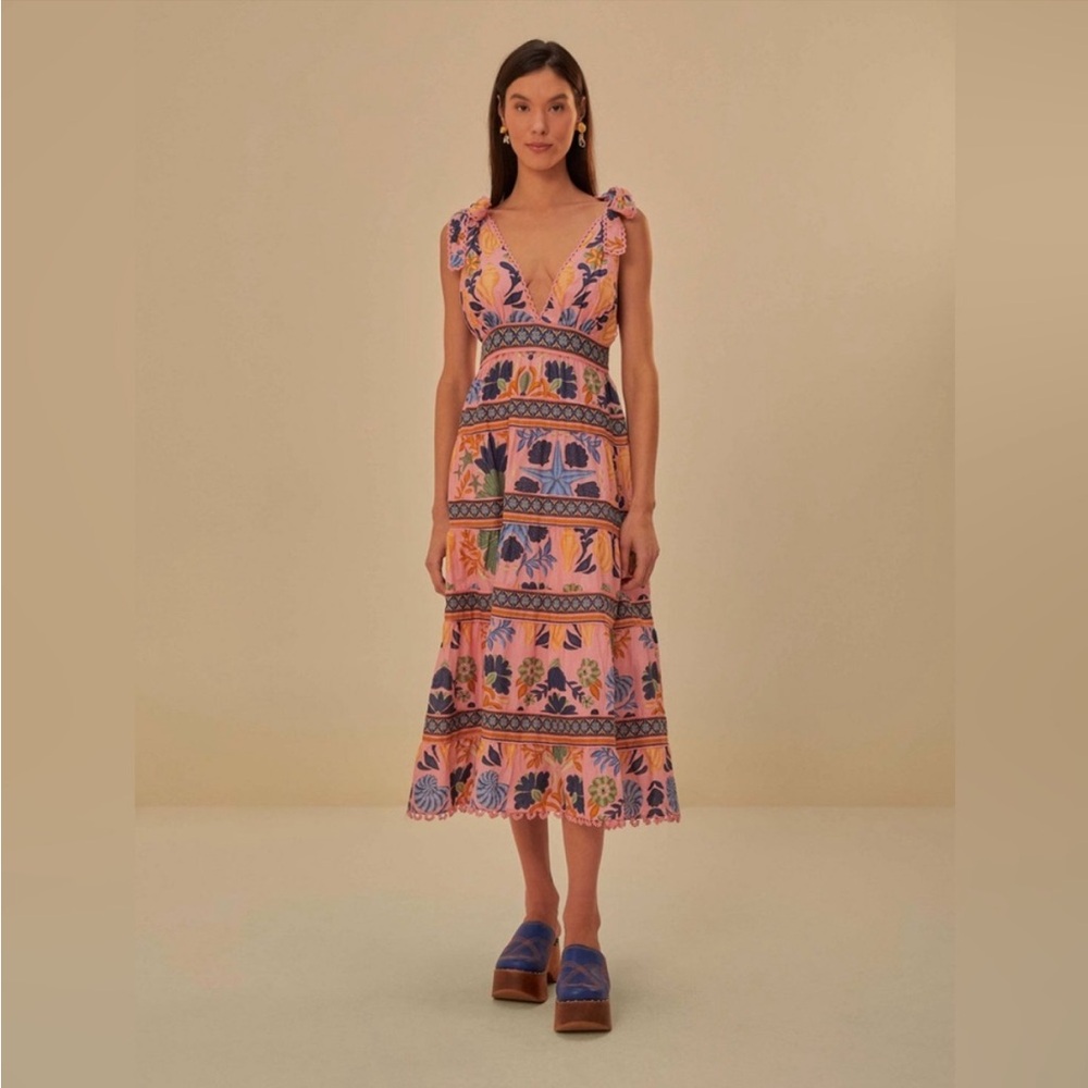 Farm Rio Sea garden tiered midi dress